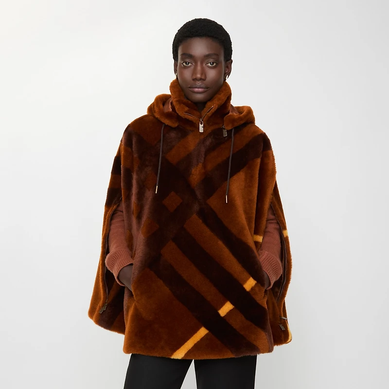 Check Intarsia Shearling Cape in Ginger brown | Burberry® Official