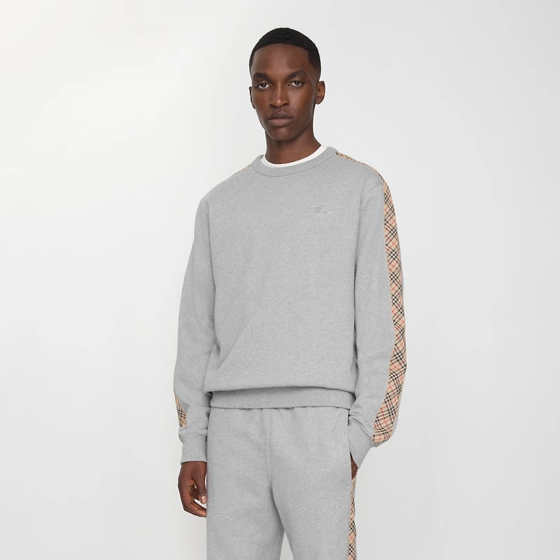 Check Trim Cotton Sweatshirt in Pale grey melange - Men | Burberry® Official
