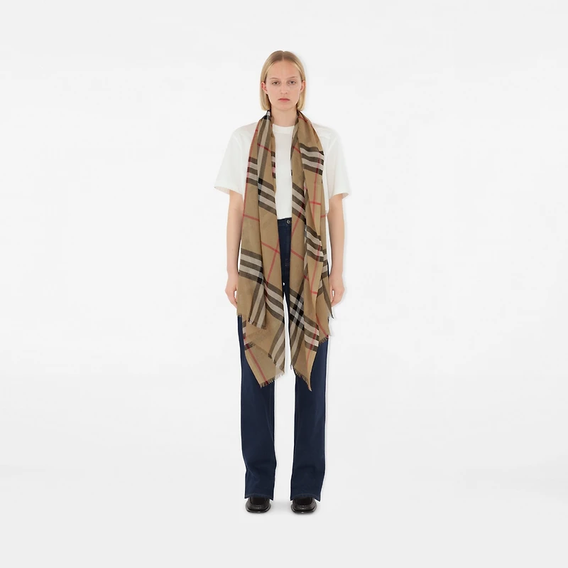 Wide Check Wool Silk Scarf in Archive beige | Burberry® Official