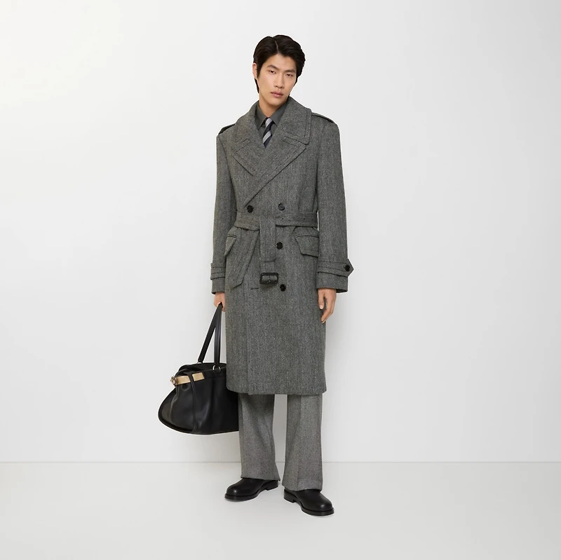 Long Herringbone Wool Trench Coat in Coal grey/light thistle grey - Men | Burberry® Official