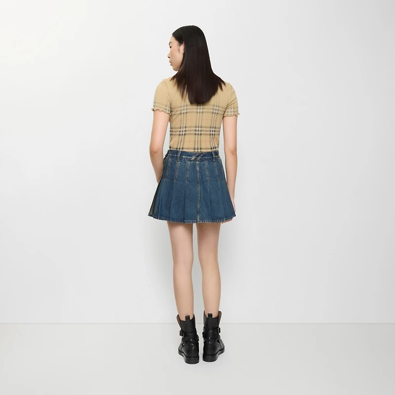 Pleated Denim Mini Skirt in Mid blue - Women | Burberry® Official