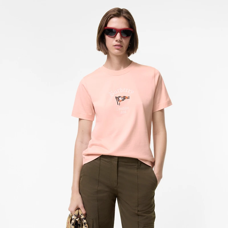 Check Flag Cotton T-shirt in Compact pink - Women | Burberry® Official