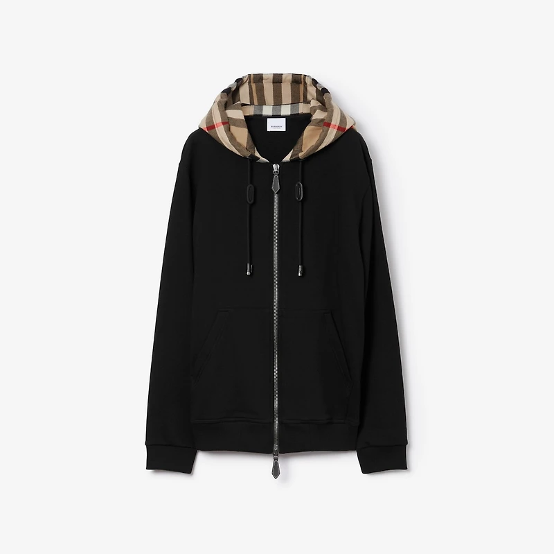 Check Hood Cotton Zip Hoodie in Black/archive beige - Men | Burberry® Official