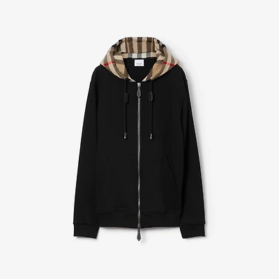 Check Hood Cotton Zip Hoodie in Black/archive beige - Men | Burberry® Official