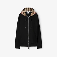 Check Hood Cotton Zip Hoodie in Black/archive beige - Men | Burberry® Official