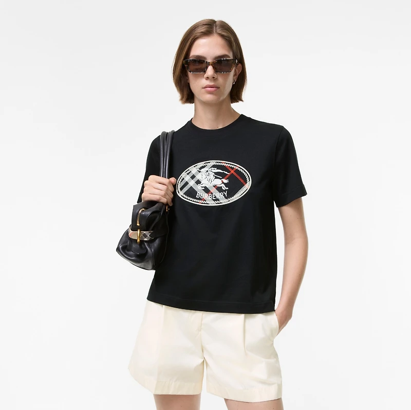 Check Knight Stamp Cotton T-shirt in Black - Women | Burberry® Official