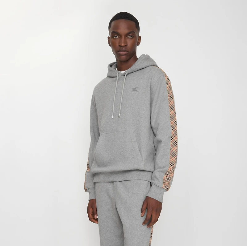 Check Trim Cotton Hoodie in Pale grey melange - Men | Burberry® Official