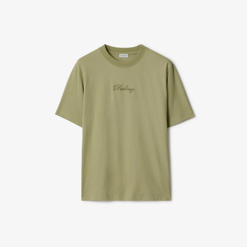 Check Cursive Logo Cotton T-shirt in Glade green - Men | Burberry® Official