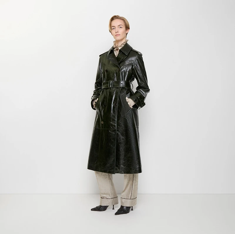 Long Embossed Leather Trench Coat in Moat green - Women | Burberry® Official