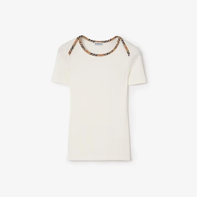 Check Trim Stretch Cotton T-shirt in Chalk white - Women | Burberry® Official
