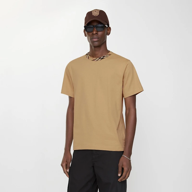 Check Trim Cotton T-shirt in Flax beige - Men | Burberry® Official