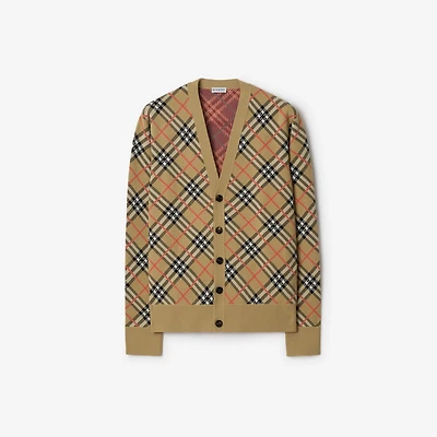 Check Cotton Wool Cardigan in Sand beige