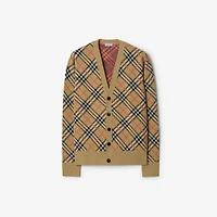 Check Cotton Wool Cardigan in Sand beige