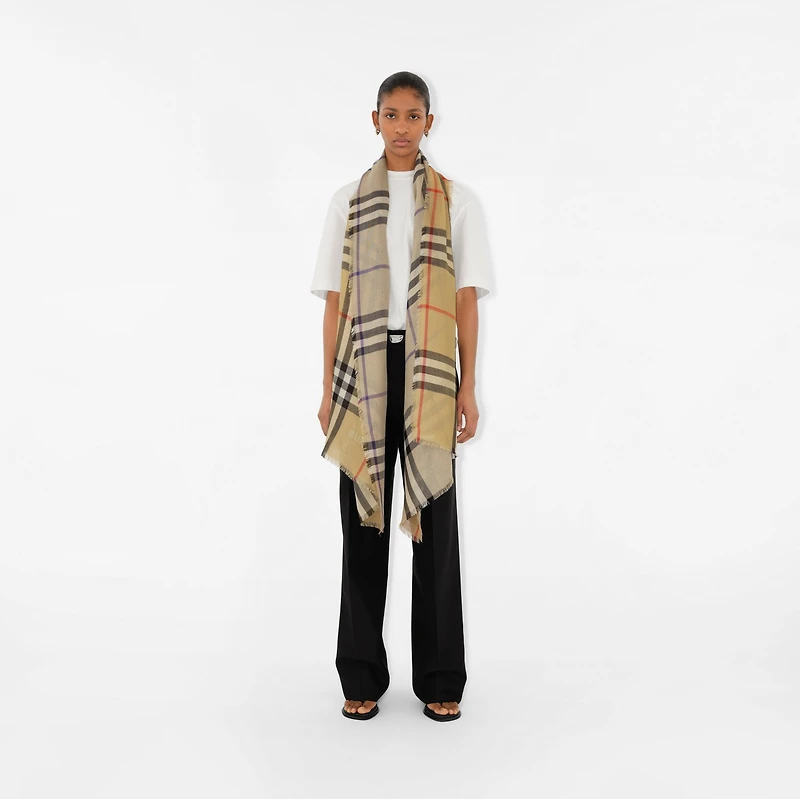 Wide Reversible Check Wool Silk Scarf in Sand/lichen | Burberry® Official