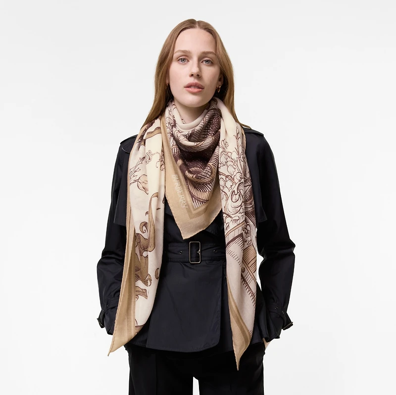 Etched Knight Cashmere Silk Scarf in Taupe beige | Burberry® Official