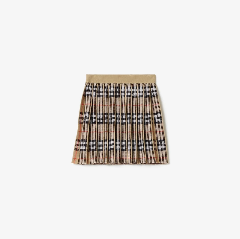 Pleated Check Wool Blend Skirt in Sand beige | Burberry® Official