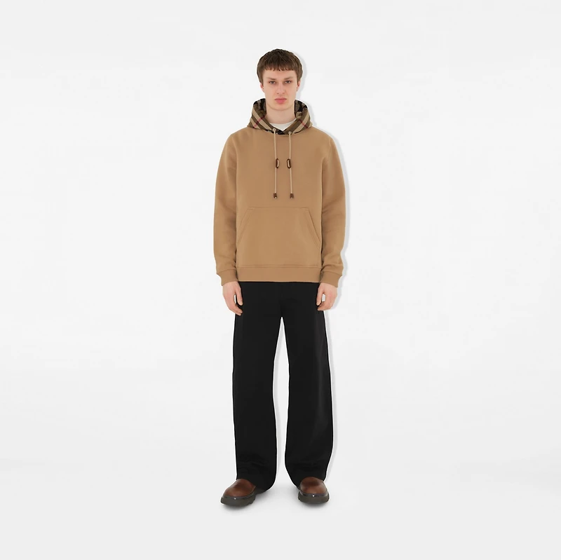 Check Trim Cotton Blend Hoodie in Camel - Men | Burberry® Official
