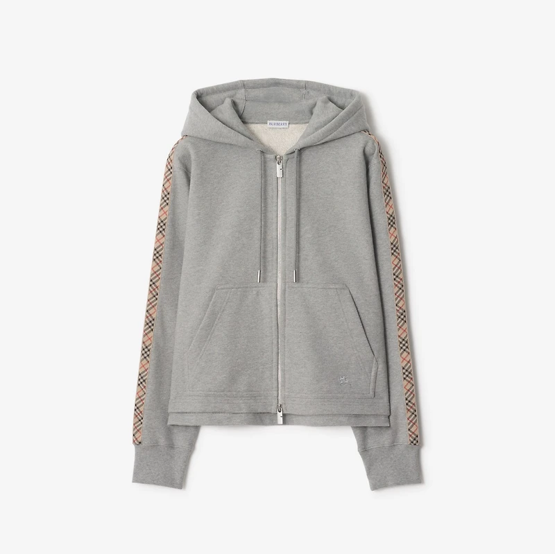 Check Trim Cotton Zip Hoodie in Pale grey melange - Women | Burberry® Official