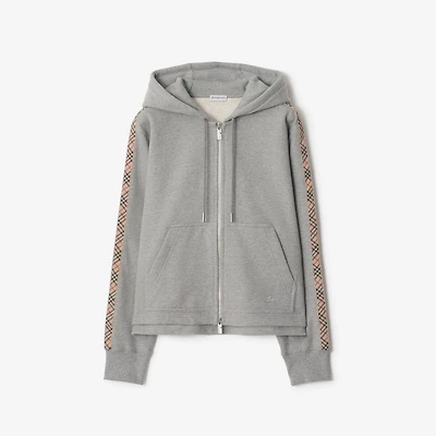 Check Trim Cotton Zip Hoodie in Pale grey melange - Women | Burberry® Official