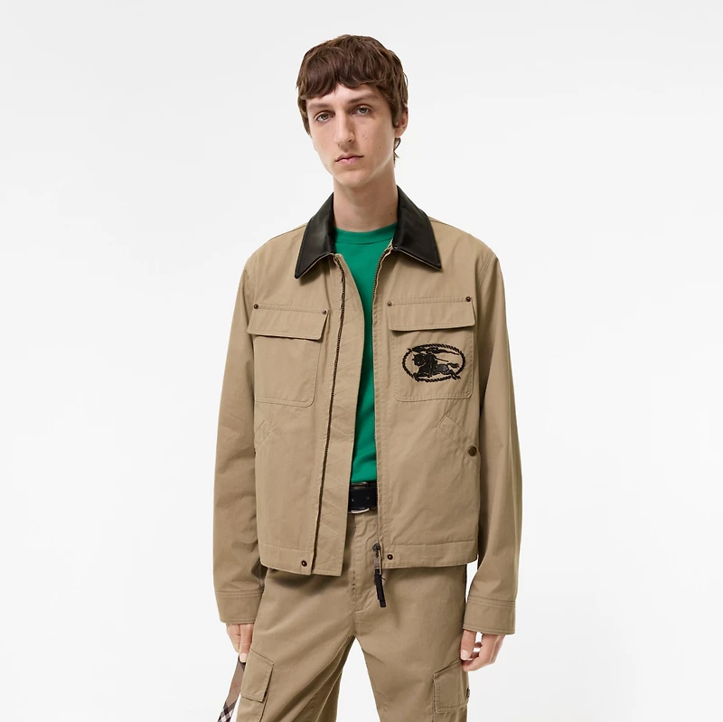 Leather Collar Cotton Workwear Jacket in Saltmarsh beige - Men | Burberry® Official