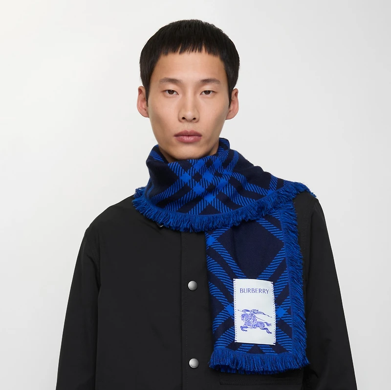 Wide Check Wool Silk Scarf in Ink/blue | Burberry® Official