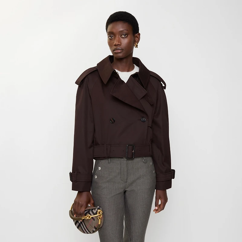 Cropped Gabardine Trench Jacket in Clove brown - Women, Cotton | Burberry® Official