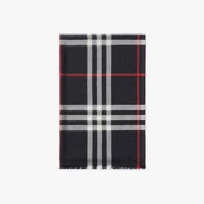 Check Wool Silk Scarf in Navy | Burberry® Official