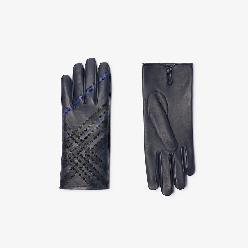 Check Intarsia Leather Gloves in Storm blue - Women | Burberry® Official