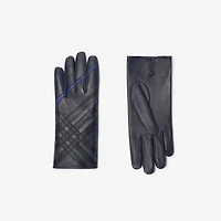 Check Intarsia Leather Gloves in Storm blue - Women | Burberry® Official