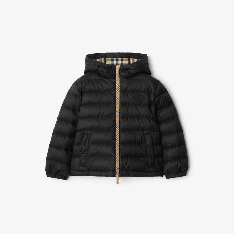 Checker-tape Nylon Hooded Puffer Jacket in Black | Burberry® Official