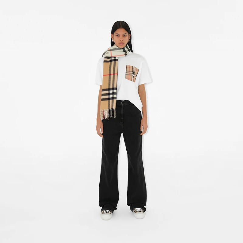Contrast Check Cashmere Scarf in Archive beige/natural white | Burberry® Official