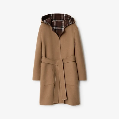 Reversible Wool Hooded Wrap Coat in Camel brown/treacle brown - Women | Burberry® Official