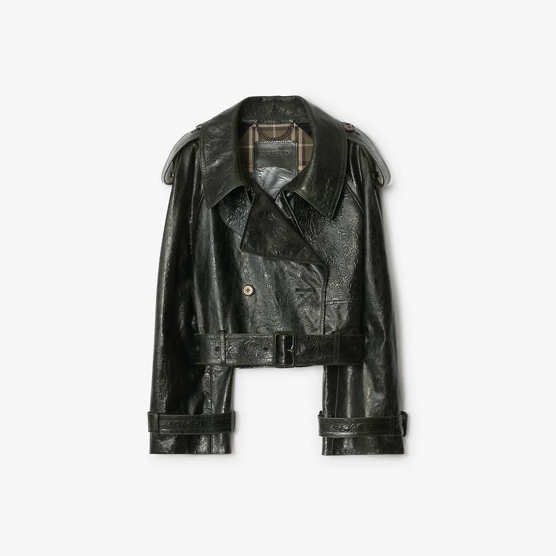 Cropped Embossed Leather Trench Jacket in Moat green - Women, Suede | Burberry® Official