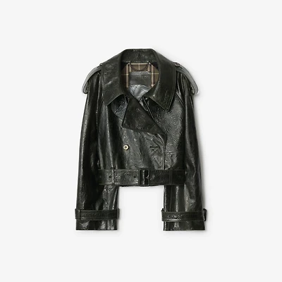 Cropped Embossed Leather Trench Jacket in Moat green - Women, Suede | Burberry® Official