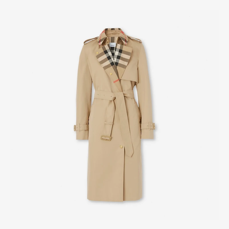 Long Check Collar Gabardine Trench Coat in Honey - Women, Cotton Gabardine | Burberry® Official