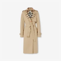 Long Check Collar Gabardine Trench Coat in Honey - Women, Cotton Gabardine | Burberry® Official