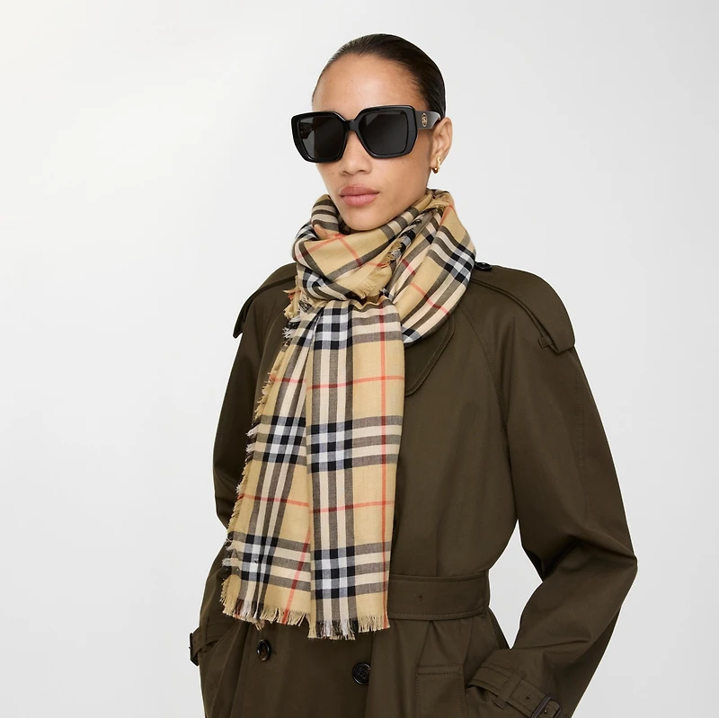 Check Cashmere Silk Scarf in Sand | Burberry® Official