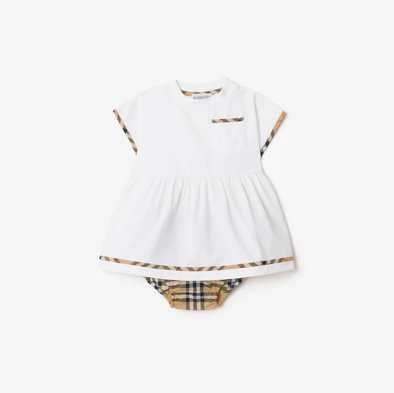 Check Trim Cotton Dress with Bloomers in White - Children | Burberry® Official