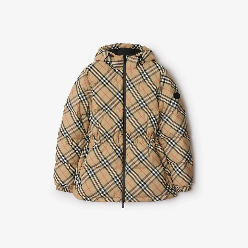 Check Nylon Hooded Puffer Jacket in Sand - Women | Burberry® Official