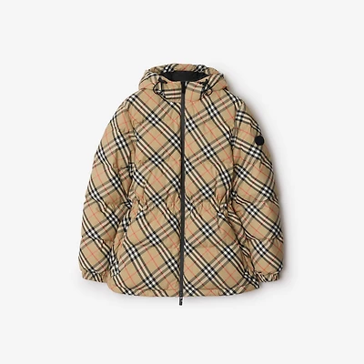 Check Nylon Hooded Puffer Jacket in Sand - Women | Burberry® Official