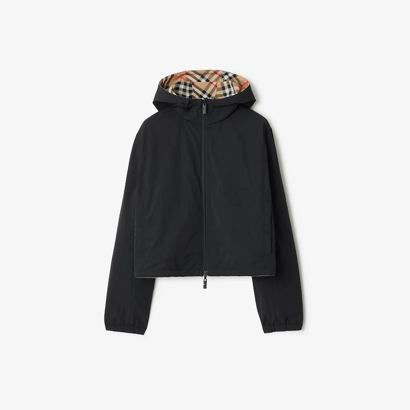 Cropped Reversible Check Hooded Jacket in Sand - Women, Nylon | Burberry® Official