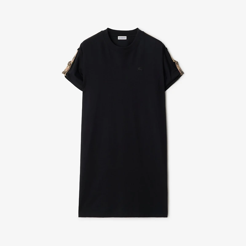 Check Trim Cotton T-shirt Dress in Black - Women | Burberry® Official