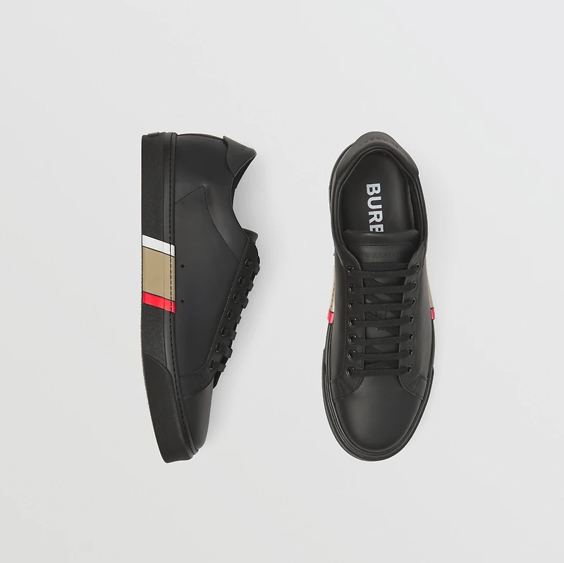 Stripe Detail Leather Sneakers in Black - Men | Burberry® Official