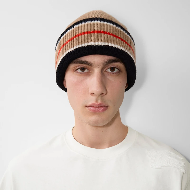Reversible Icon Stripe Cashmere Cotton Beanie in Black/camel - Women | Burberry® Official