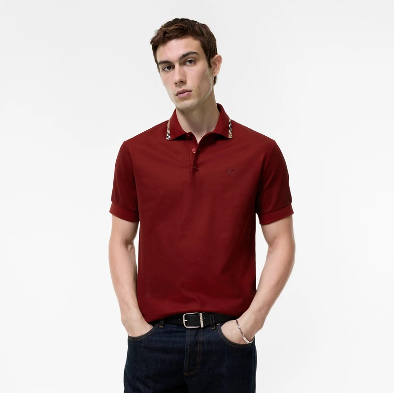 Check Trim Cotton Polo Shirt in Auburn brown - Men | Burberry® Official