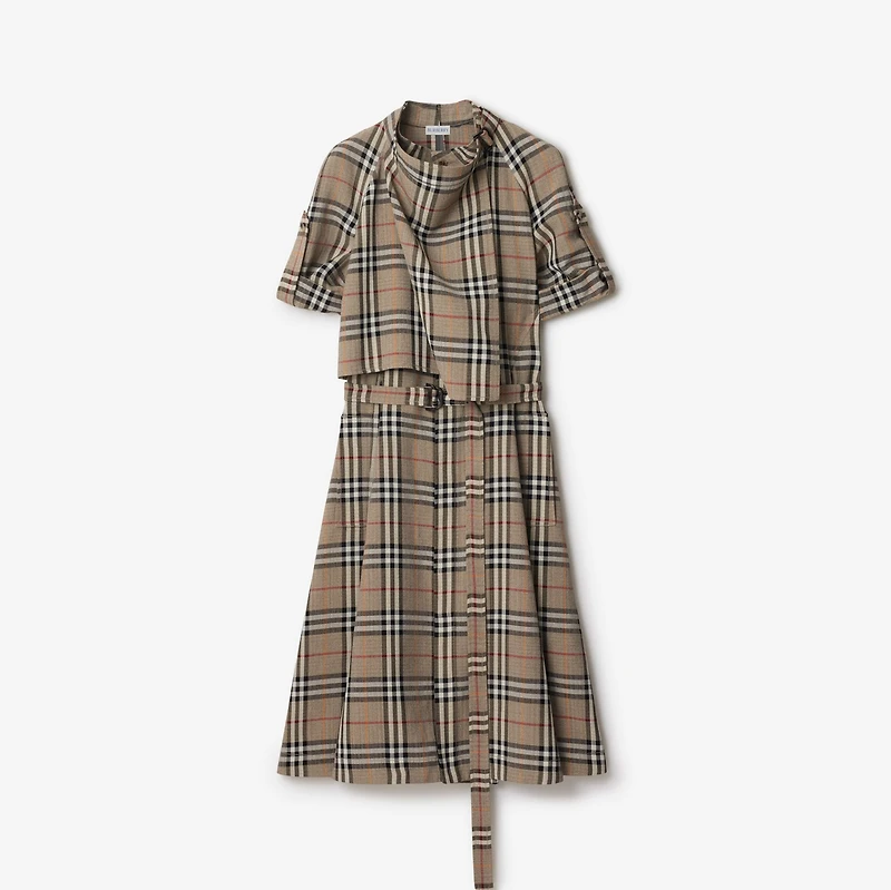 Check Silk Blend Trench Dress in Limestone - Women, Nylon | Burberry® Official