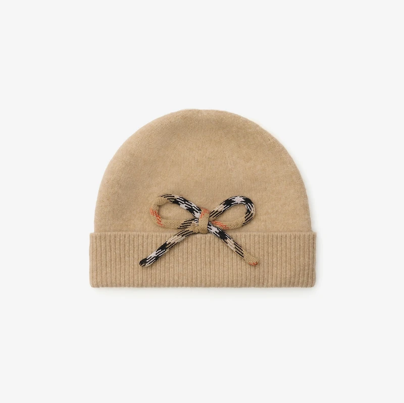Check Bow Wool Cashmere Beanie in Oatmeal melange - Children | Burberry® Official