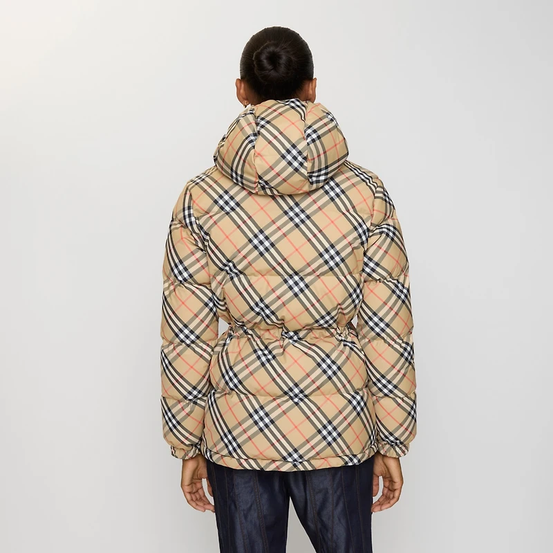 Check Nylon Hooded Puffer Jacket in Sand - Women | Burberry® Official