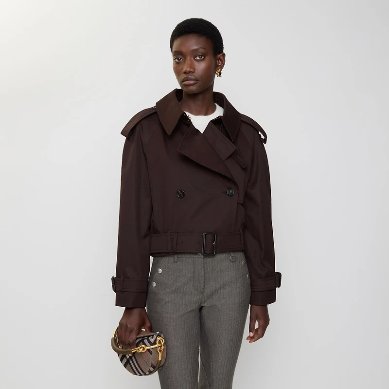 Cropped Gabardine Trench Jacket in Clove brown - Women, Cotton | Burberry® Official