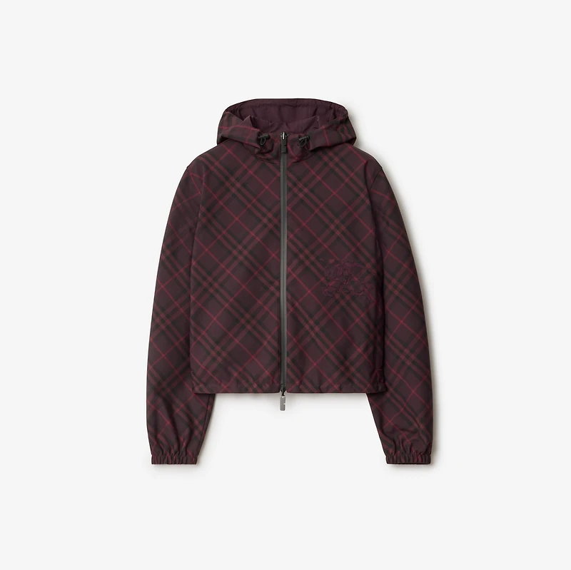 Cropped Reversible Check Hooded Jacket in Wine red - Women, Nylon | Burberry® Official